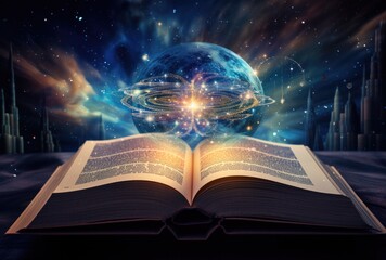 An open book with pages glowing, representing the universe of knowledge and inspiration. The background is dark with stars and galaxies