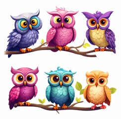 Obraz premium collection of cartoon owls and birds in various poses