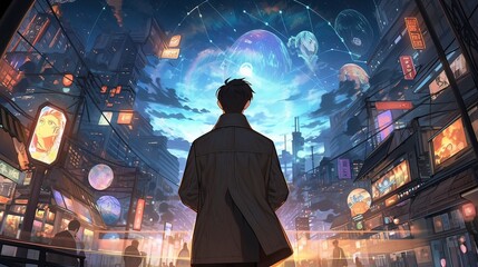 Obraz premium Stylized artwork of a retro neon cityscape at night, with glowing windows and futuristic flying vehicles, Generative ai.