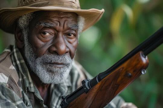 An elderly African American man with a weathered face, wearing a hat, holding a rifle tightly. He seems focused and determined, probably on a hunting expedition