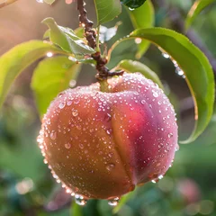Fotobehang Juicy peach hanging on a branch, with water droplets reflecting morning light © Jari.art