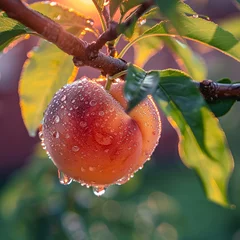 Fotobehang Juicy peach hanging on a branch, with water droplets reflecting morning light © Jari.art