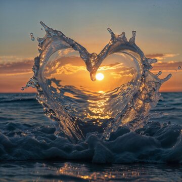 The splash of the sea wave formed the shape of a heart, through which the morning sun is visible