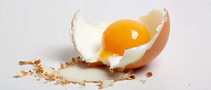 Close up image of a broken egg over white