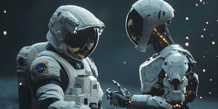 An astronaut engaging with a state-of-the-art AI robot in a virtual realm. Concept Astronaut, AI robot, Virtual realm, Future technology, Exploration