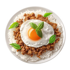 Stir fried Thai basil with minced pork and a fried_hyperrealistic_hyper detailed_isolated on transparent background_Generative Ai