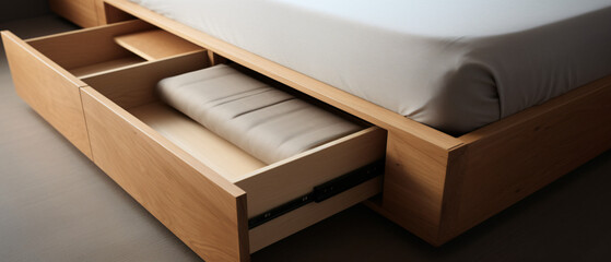 Close up shot of a drawer under a modern bed