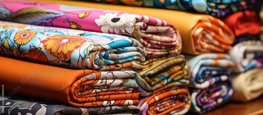 Aufkleber a colorful pile of fabrics stacked at an art event, showcasing patterns and textures. the vibrant mi