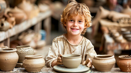 A happy kid enjoying the pottery hobby, working with clay to shape a ceramic piece. Generative AI