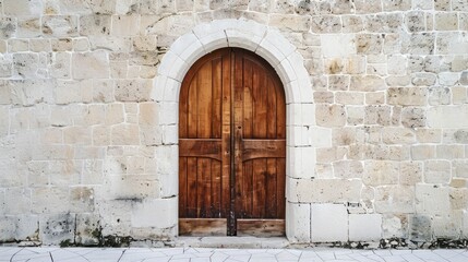 Fototapeta na wymiar Stunning wooden door in a white stone wall,a vertical image of a white building with an old oak door
