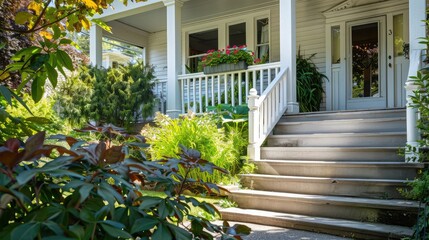 White painted house with front porch stairs and a cement and metal handrail, as well as shaded front yard vegetation and plants. In the late afternoon