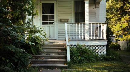 White painted house with front porch stairs and a cement and metal handrail, as well as shaded...