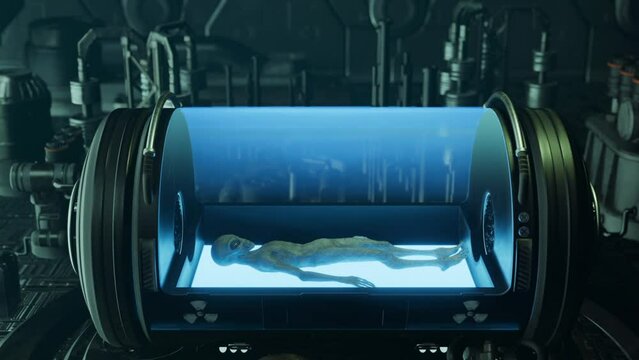 Grey Alien body inside a glass tube or pod or chamber Sci Fi concept animation 4K