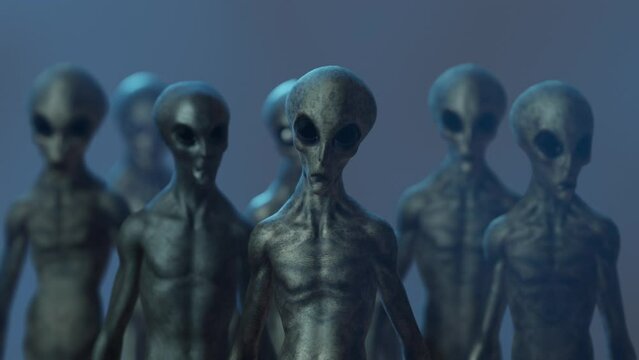 A group of creepy grey aliens staring at the camera Closeup version UHD 4K 2