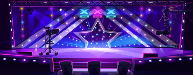 Talent reality show with equipment on stage for tv broadcast and record. Cartoon vector competition scene with jury chairs and table, vote signs, big star and microphone, video cameras and spotlights.