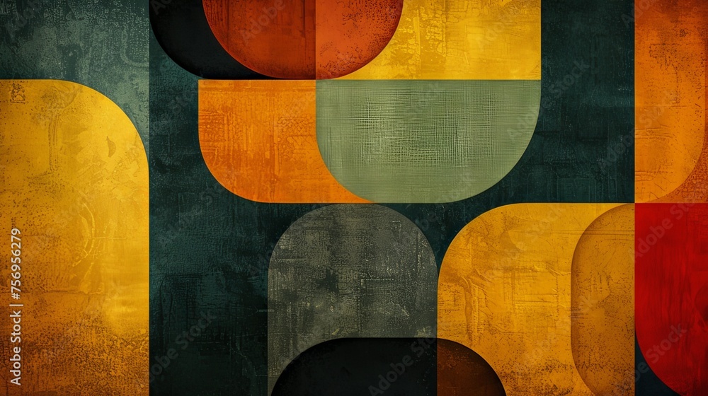 Poster an abstract composition of modern geometric shapes with textured surfaces in a palette of earthy ton