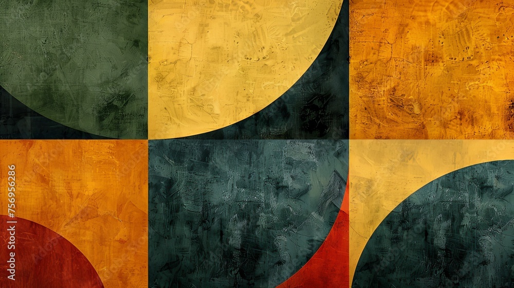 Poster An abstract composition of modern geometric shapes with textured surfaces in a palette of earthy tones, creating a bold and sophisticated visual experience.