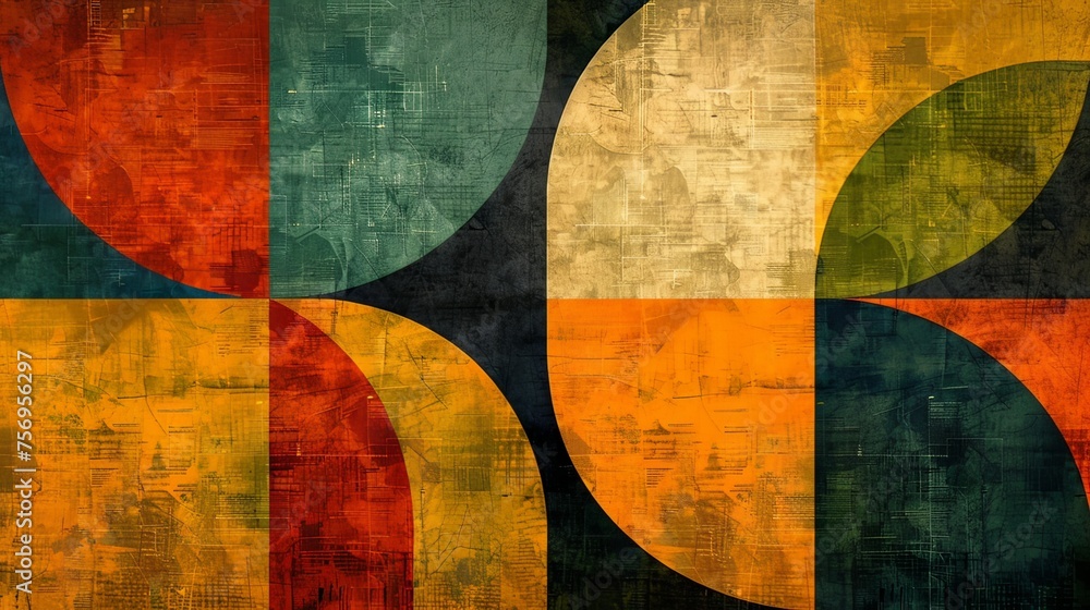 Poster An abstract composition of modern geometric shapes with textured surfaces in a palette of earthy tones, creating a bold and sophisticated visual experience.