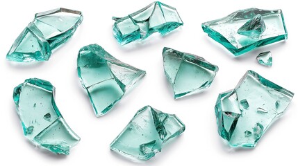 Fototapeta premium Set of Sharp Broken Glass Shards Isolated on White
