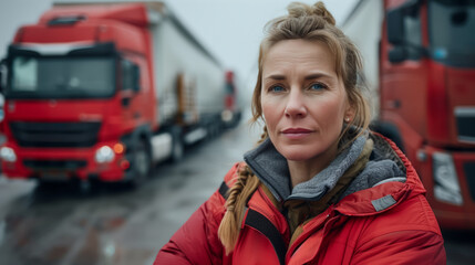 A confident driver stands in front of a red truck, symbolizing safe and reliable delivery and transport services. Generative AI