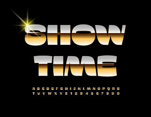 Vector trendy logo Show Time. Unique Gold Font. Chic Modern Alphabet Letters and Numbers set.