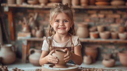 A happy kid with clay on a pottery wheel, surrounded by ceramic items, showcasing a child's involvement in hobbies. Generative AI