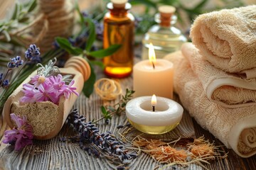 Spa relaxing still life. Towels, burning candles, herbs, essential oils on a wooden table,