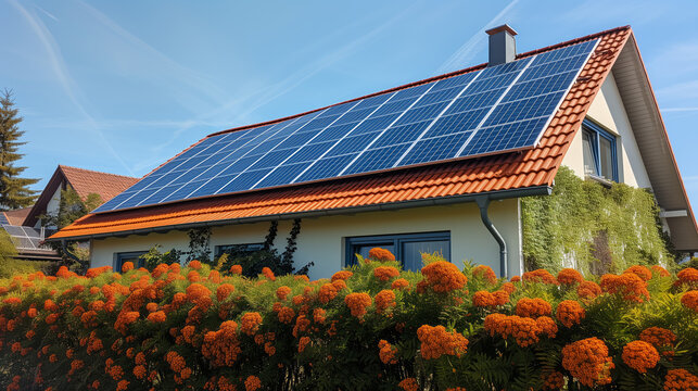 A modern eco-friendly house with a solar panel system installed on the roof. Ai generative illustration