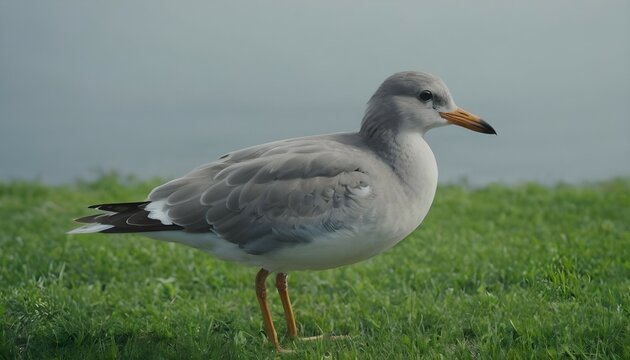 Seagull on green grass, against the background of a gray lake. Close-up photo of a bird.