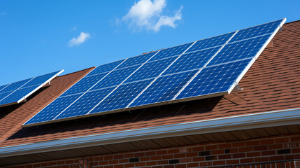 Fototapeta premium Solar panels installed on the roof of a house demonstrate an eco-friendly energy concept. Ai generative illustration