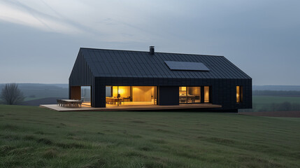A modern eco-friendly house with a photovoltaic solar panel on the roof at dusk. Ai generative illustration