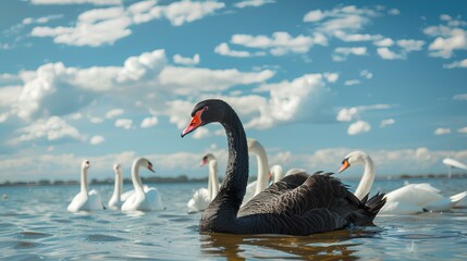 A black swan on the surface of the water among white swans. on beautiful sky. generative AI