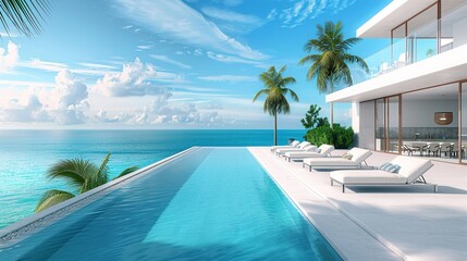Sea view. Luxury modern white beach hotel with swimming, generative ai
