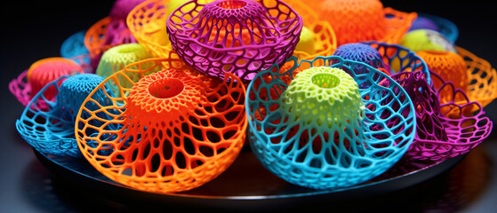 Colorful 3D printed objects on a flat surface