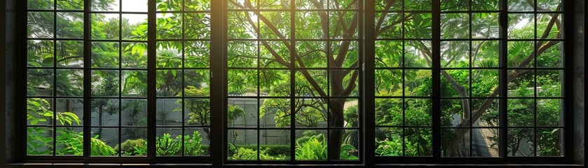 Tall windows overlooking a lush garden with a large tree standing proudly in the center