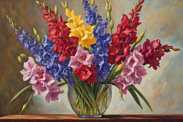 An Artful Painting Capturing the Sophisticated Beauty of Gladiolus, Larkspur, and Narcissus in a Verdant Display