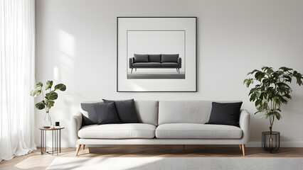 Lounge in modern decoration style with relaxing sofa and blank photo frame on the wall with space for text
