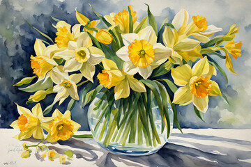 Joyful Harmony: A Watercolor Painting of Daffodils, Daisies, and Narcissus in a Bouquet