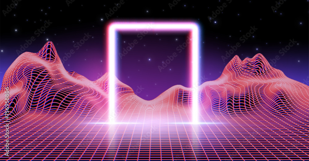 Poster neon synthwave game background with arch and retro grid. cyber space retrowave abstract vaporwave wi