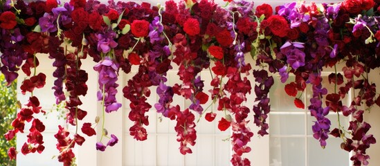 An array of red and purple petals gracefully dangle from the ceiling, creating a vibrant display of colors reminiscent of a blooming flowering plant art installation
