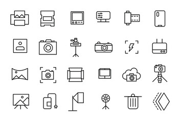 Simple Set of Photography and Image Editing Related Vector Line Icons. Contains such Icons as Image Gallery, Auto Correction, Adjustments and more.