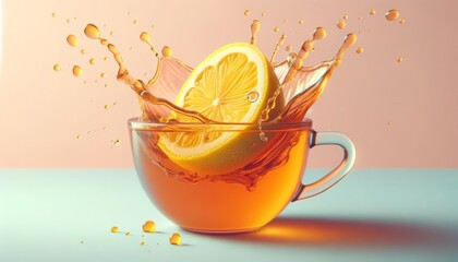 A whimsical animated art style image of a close-up shot of a slice of lemon being squeezed into tea. - Powered by Adobe