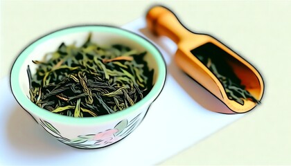 A whimsical animated art style image with a close-up of the texture and color of tea leaves in a small bowl 2.