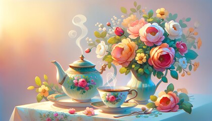 Depict a whimsical animated art style image of a medium shot of a tea set with a small vase of fresh flowers, adding a pop of color to the composition.
