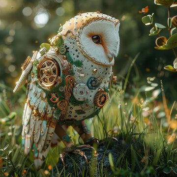 Modern owl Robot or futuristic owl cyborg.A complex 3D render of a cyborg owl