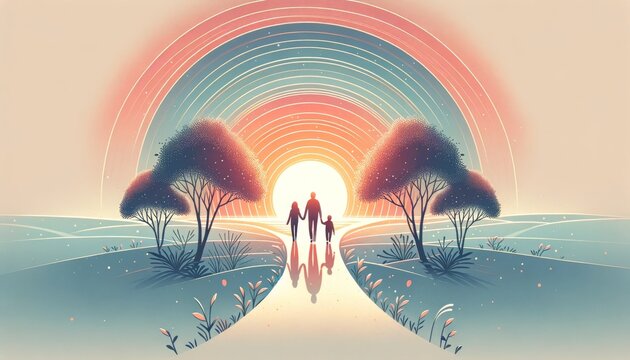 A whimsical, animated art style image depicting a silhouette of a family holding hands, walking on a path towards a sunrise.