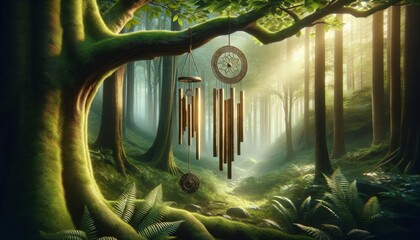 A detailed image of a brass wind chime hanging from a tree branch in a tranquil forest.