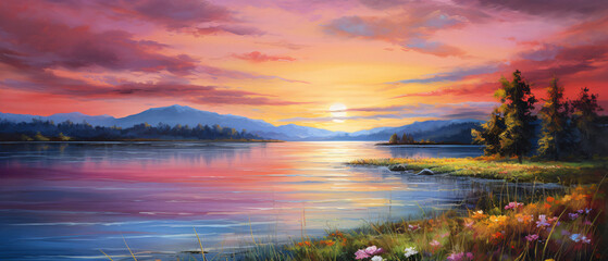 colorful sunset on the lake oil painting art watercolor