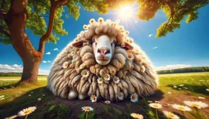 An image of a sheep with an oversized, fluffy coat lounging under a tree in a vibrant, sunny field. - obrazy, fototapety, plakaty