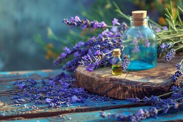 Lavender oil and lavender flowers on the woodne table. 